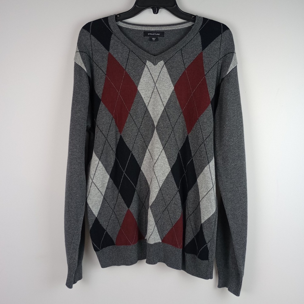 Structure Mens M Gray Red Argyle Vneck Long Sleeve Cotton Pullover Sweater